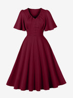 V Neck Ruched Front Button Decor Flutter Sleeve Retro Swing Dress For Women 2026