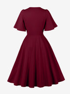 V Neck Ruched Front Button Decor Flutter Sleeve Retro Swing Dress For Women 2026