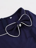 Contrast Piping Bow Neck Button Decor Pleated A Line Swing Dress For Women 2026