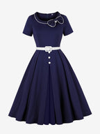 Contrast Piping Bow Neck Button Decor Pleated A Line Swing Dress For Women 2026