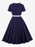 Contrast Piping Bow Neck Button Decor Pleated A Line Swing Dress For Women 2026