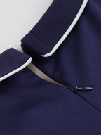 Contrast Piping Bow Neck Button Decor Pleated A Line Swing Dress For Women 2026