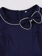Contrast Piping Bow Neck Button Decor Pleated A Line Swing Dress For Women 2026