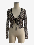 Leopard Print Tie Front Mesh Cardigan Long Sleeve Crop Top For Women 2026