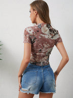 Angel Cupid Print Lettuce Trim Mesh Short Sleeve Slim Tee For Women 2026