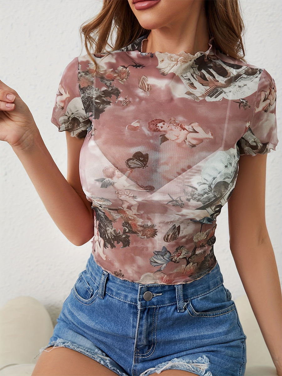 Angel Cupid Print Lettuce Trim Mesh Short Sleeve Slim Tee For Women 2026