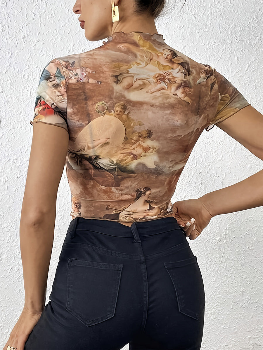 Angel Cupid Print Lettuce Trim Mesh Short Sleeve Slim Tee For Women 2026