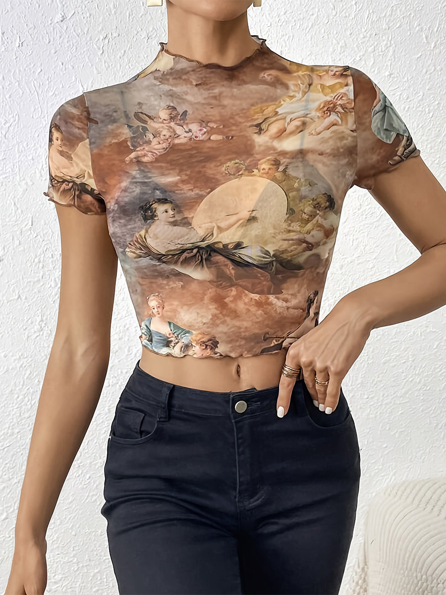 Angel Cupid Print Lettuce Trim Mesh Short Sleeve Slim Tee For Women 2026