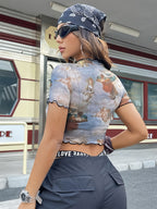 Angel Cupid Print Lettuce Trim Mesh Short Sleeve Slim Tee For Women 2026