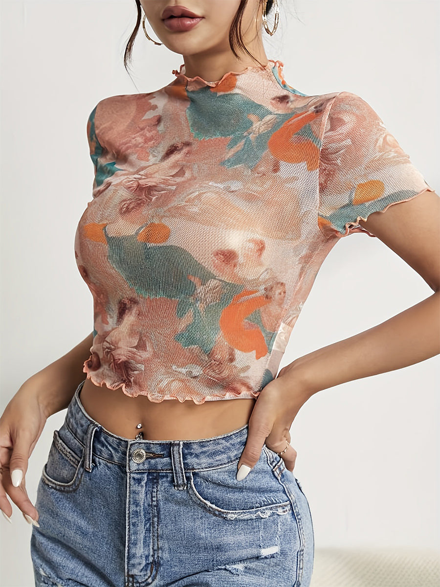 Angel Cupid Print Lettuce Trim Mesh Short Sleeve Slim Tee For Women 2026