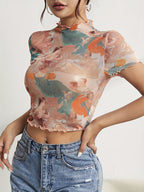 Angel Cupid Print Lettuce Trim Mesh Short Sleeve Slim Tee For Women 2026