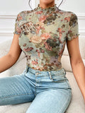Angel Cupid Print Lettuce Trim Mesh Short Sleeve Slim Tee For Women 2026