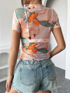 Angel Cupid Print Lettuce Trim Mesh Short Sleeve Slim Tee For Women 2026