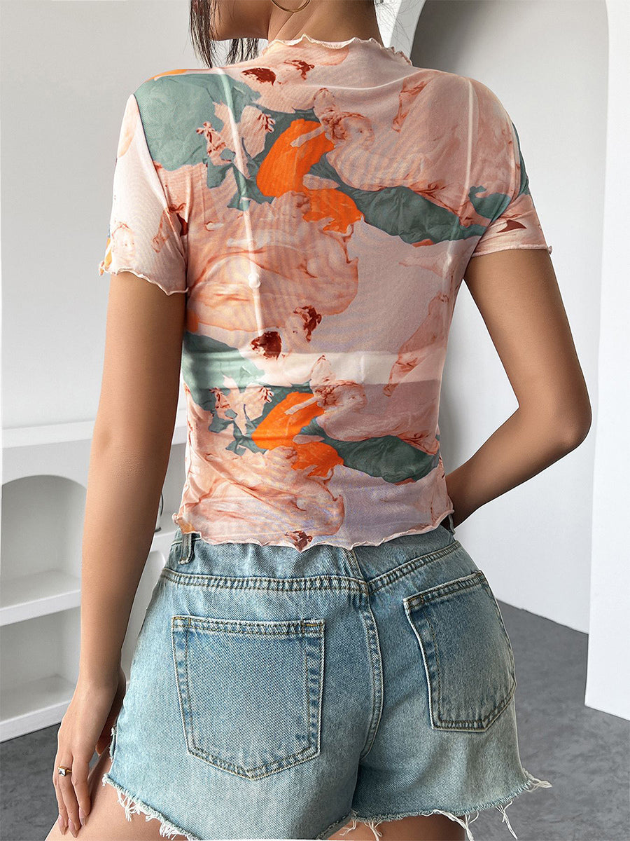Angel Cupid Print Lettuce Trim Mesh Short Sleeve Slim Tee For Women 2026