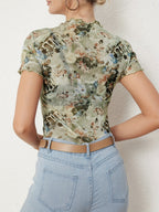 Angel Cupid Print Lettuce Trim Mesh Short Sleeve Slim Tee For Women 2026