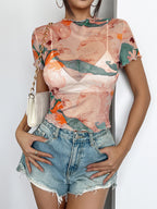 Angel Cupid Print Lettuce Trim Mesh Short Sleeve Slim Tee For Women 2026