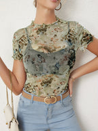 Angel Cupid Print Lettuce Trim Mesh Short Sleeve Slim Tee For Women 2026