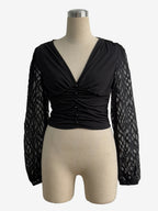 Deep V Neck Ruched Front Lantern Sleeve Slim Top For Women 2026