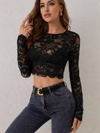 Floral Lace Long Sleeve Slim Fit Crop Top For Women 2026