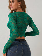 Floral Lace Long Sleeve Slim Fit Crop Top For Women 2026