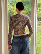 Abstract Print Mesh Slim Fit Long Sleeve Crew Neck Top For Women 2026