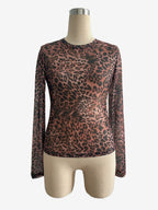 Leopard Print Mesh Slim Fit Long Sleeve Crew Neck Top For Women 2026
