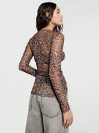 Leopard Print Mesh Slim Fit Long Sleeve Crew Neck Top For Women 2026