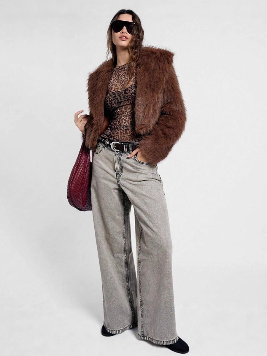 Leopard Print Mesh Slim Fit Long Sleeve Crew Neck Top For Women 2026