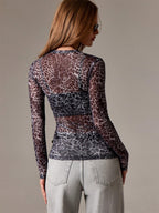 Leopard Print Long Sleeve Mesh Slim Fit Crew Neck Top For Women 2026