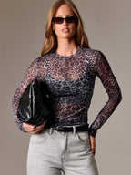 Leopard Print Long Sleeve Mesh Slim Fit Crew Neck Top For Women 2026