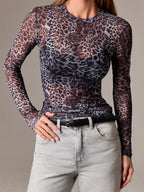 Leopard Print Long Sleeve Mesh Slim Fit Crew Neck Top For Women 2026