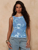 Sleeveless Mesh Tank Top With 3D Floral Applique Embroidery For Women 2026