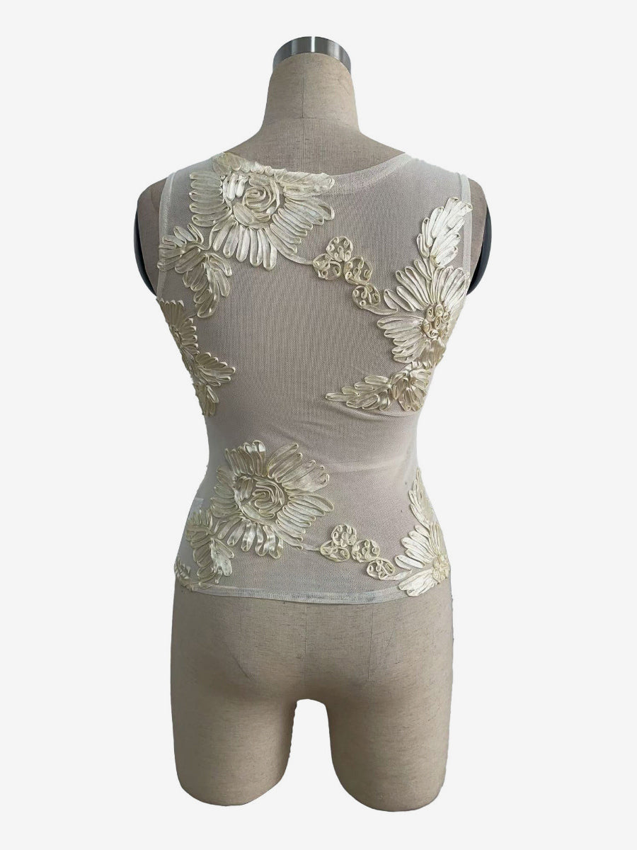 Sleeveless Mesh Tank Top With 3D Floral Applique Embroidery For Women 2026