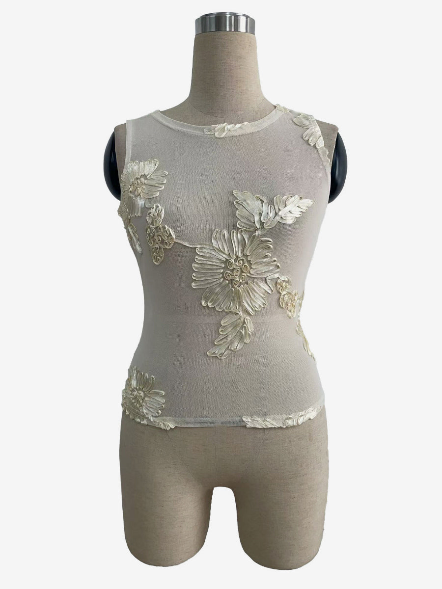 Sleeveless Mesh Tank Top With 3D Floral Applique Embroidery For Women 2026