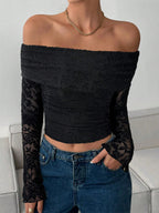 Off Shoulder Floral Lace Long Sleeve Ruched Slim Fit Top For Women 2026
