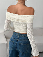 Off Shoulder Floral Lace Long Sleeve Ruched Slim Fit Top For Women 2026