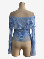 Off Shoulder Mesh Long Sleeve Top With 3D Floral Embroidery For Women 2026