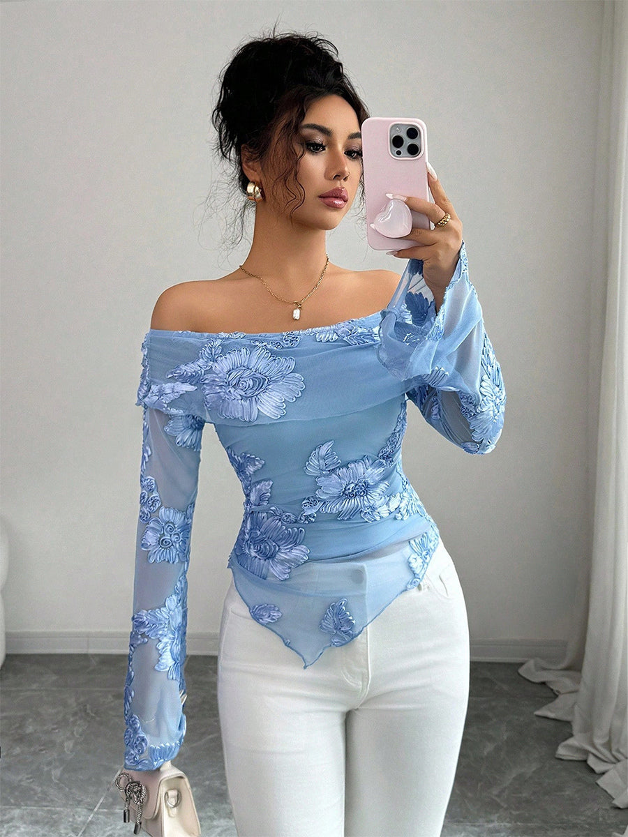 Off Shoulder Mesh Long Sleeve Top With 3D Floral Embroidery For Women 2026
