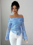 Off Shoulder Mesh Long Sleeve Top With 3D Floral Embroidery For Women 2026