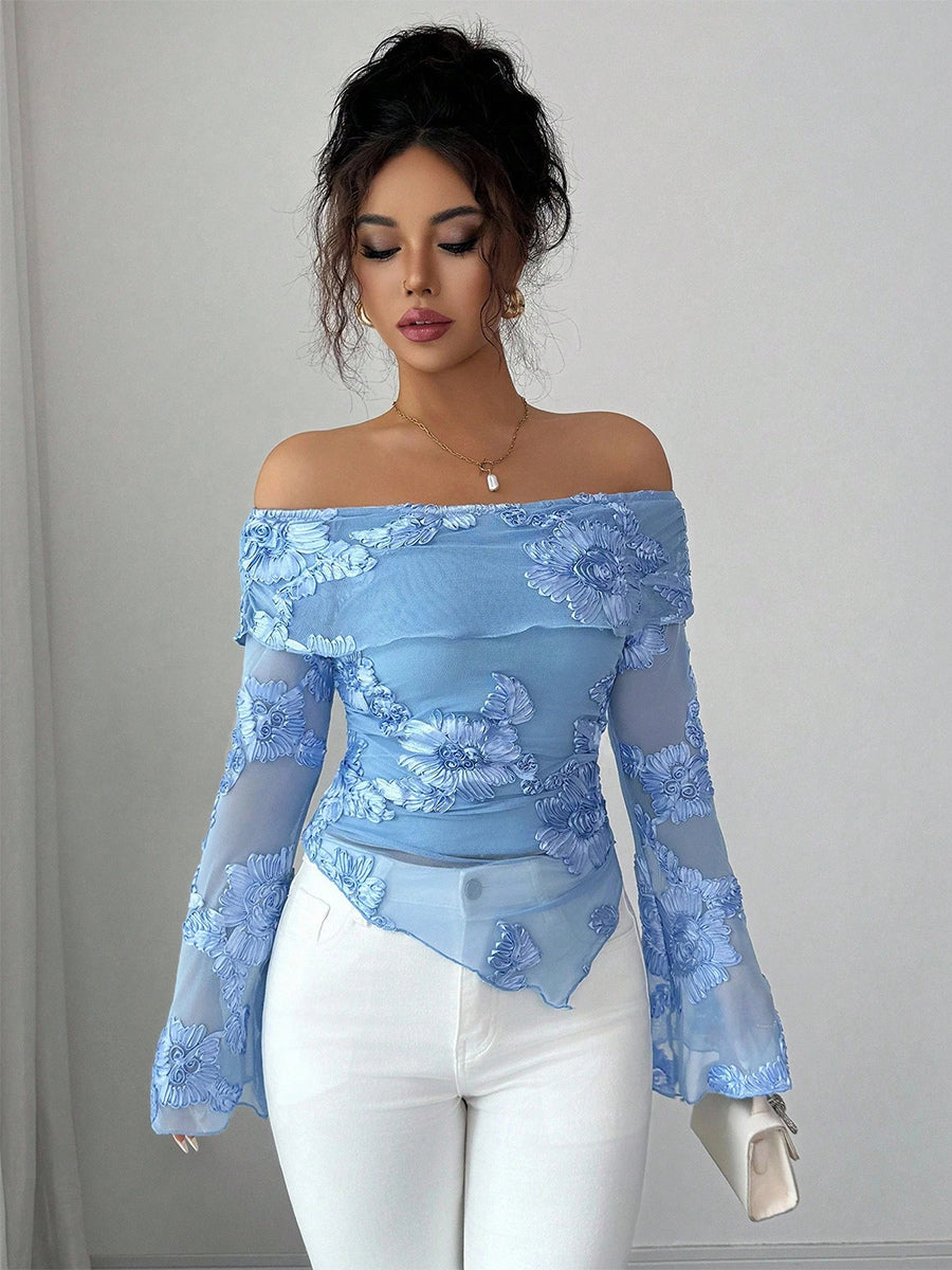 Off Shoulder Mesh Long Sleeve Top With 3D Floral Embroidery For Women 2026