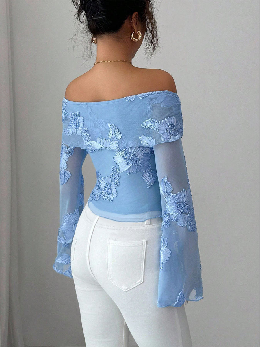 Off Shoulder Mesh Long Sleeve Top With 3D Floral Embroidery For Women 2026