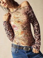 Leopard And Floral Print Cowl Neck Mesh Long Sleeve Top For Women 2026