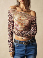 Leopard And Floral Print Cowl Neck Mesh Long Sleeve Top For Women 2026