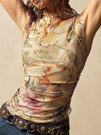 Vintage Floral Print Ruched Mock Neck Mesh Sleeveless Tank Top For Women 2026