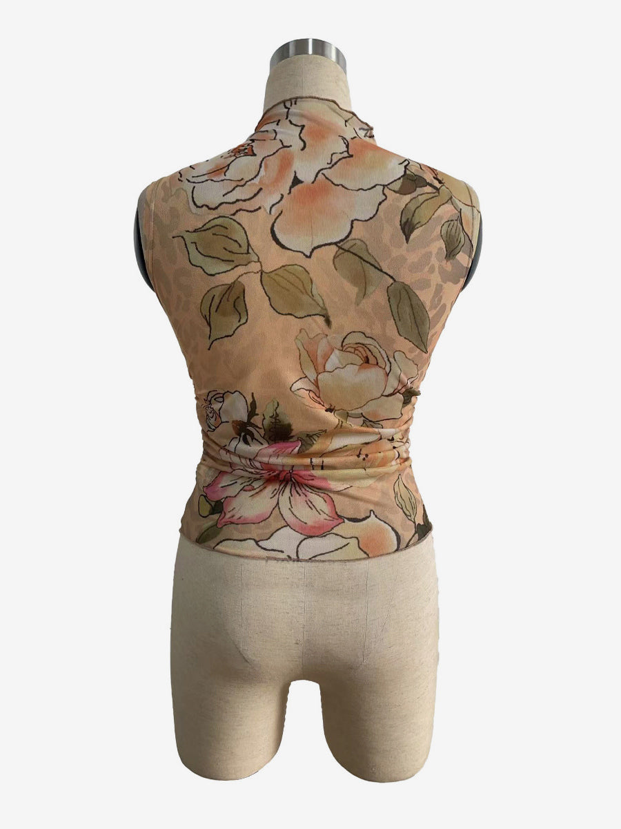 Vintage Floral Print Ruched Mock Neck Mesh Sleeveless Tank Top For Women 2026