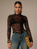 Lace Floral Mock Neck Long Sleeve Slim Fit Bodysuit For Women 2026