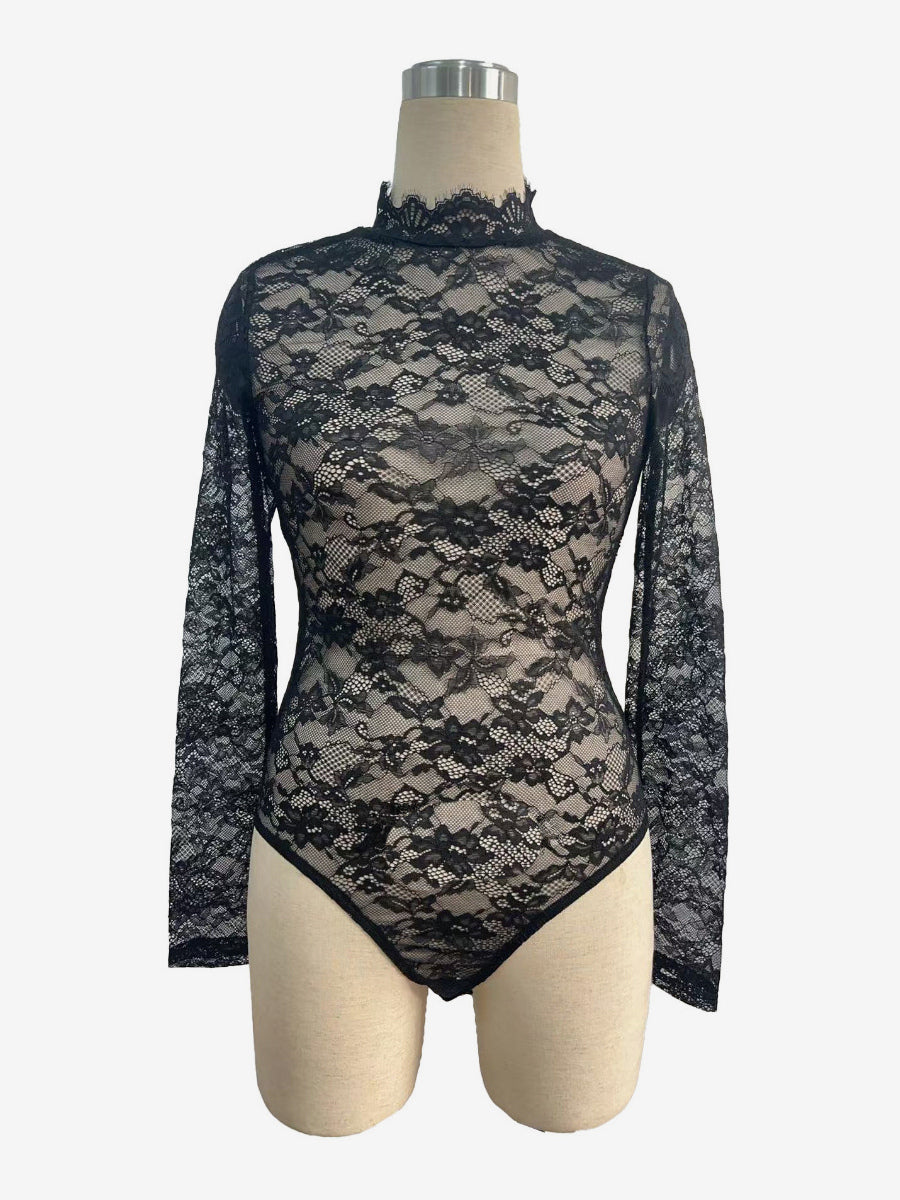 Lace Floral Mock Neck Long Sleeve Slim Fit Bodysuit For Women 2026