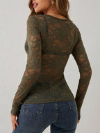 V Neck Scalloped Trim Floral Lace Long Sleeve Slim Fit Top For Women 2026