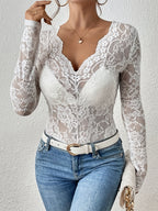 V Neck Scalloped Trim Floral Lace Long Sleeve Slim Fit Top For Women 2026