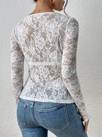 V Neck Scalloped Trim Floral Lace Long Sleeve Slim Fit Top For Women 2026